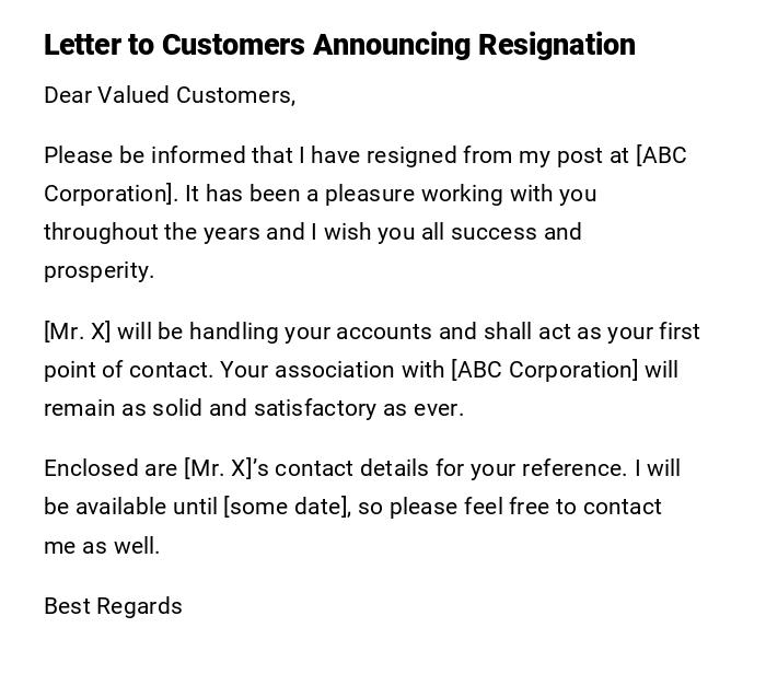 Letter to Customers Announcing Resignation Letter to Customers Announcing Resignation