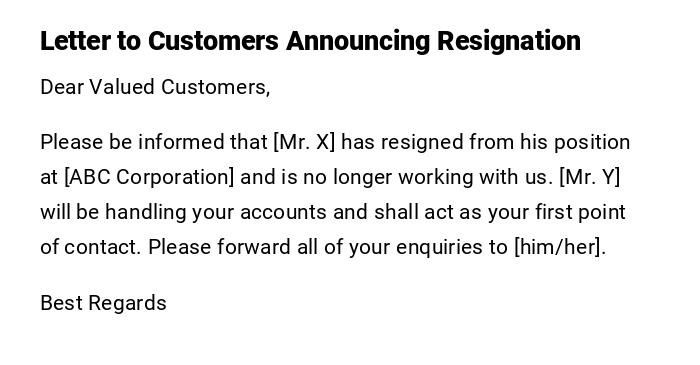 Letter to Customers Announcing Resignation Letter to Customers Announcing Resignation