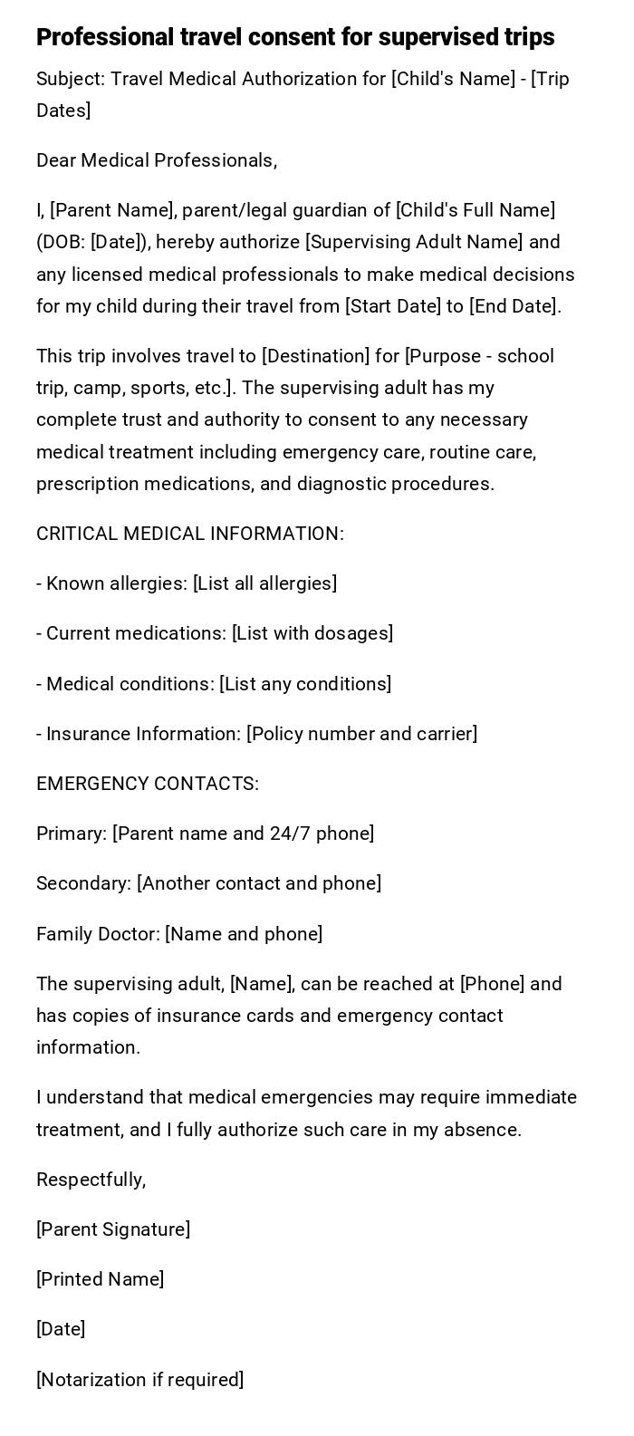 Professional travel consent for supervised trips Professional travel consent for supervised trips