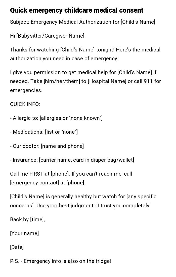 Quick emergency childcare medical consent Quick emergency childcare medical consent