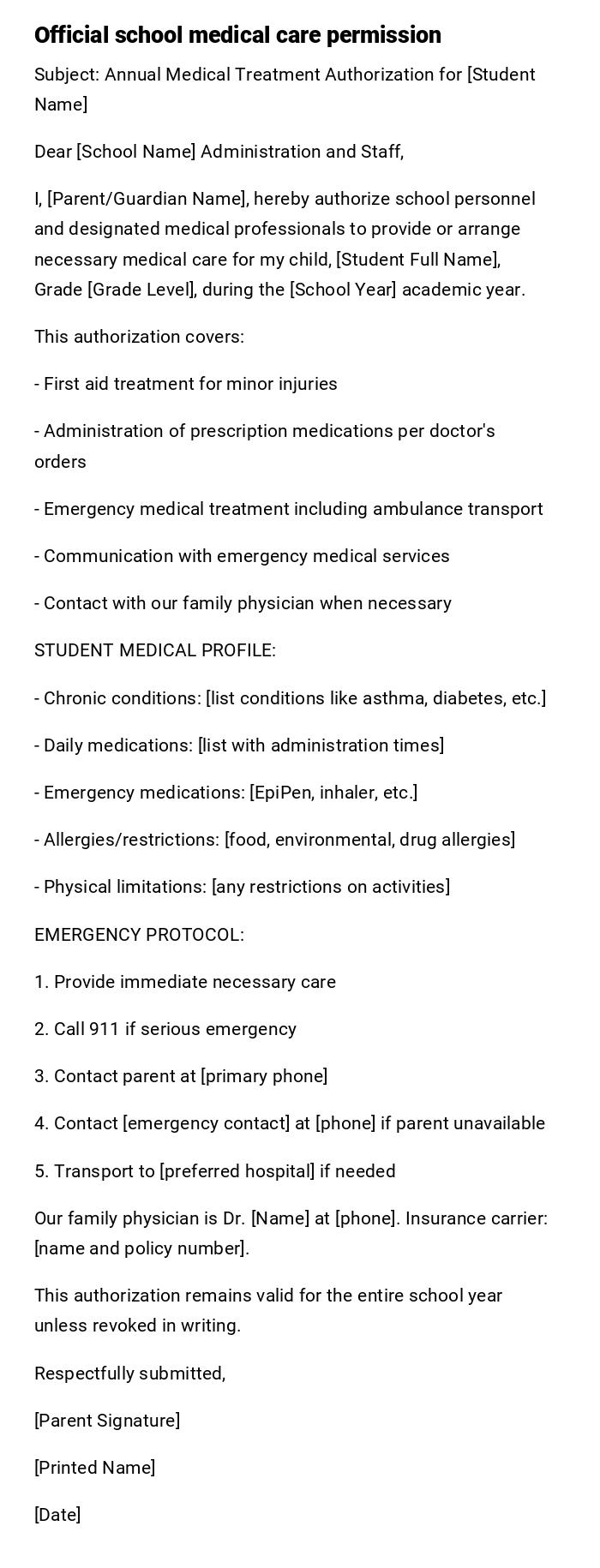 Official school medical care permission Official school medical care permission