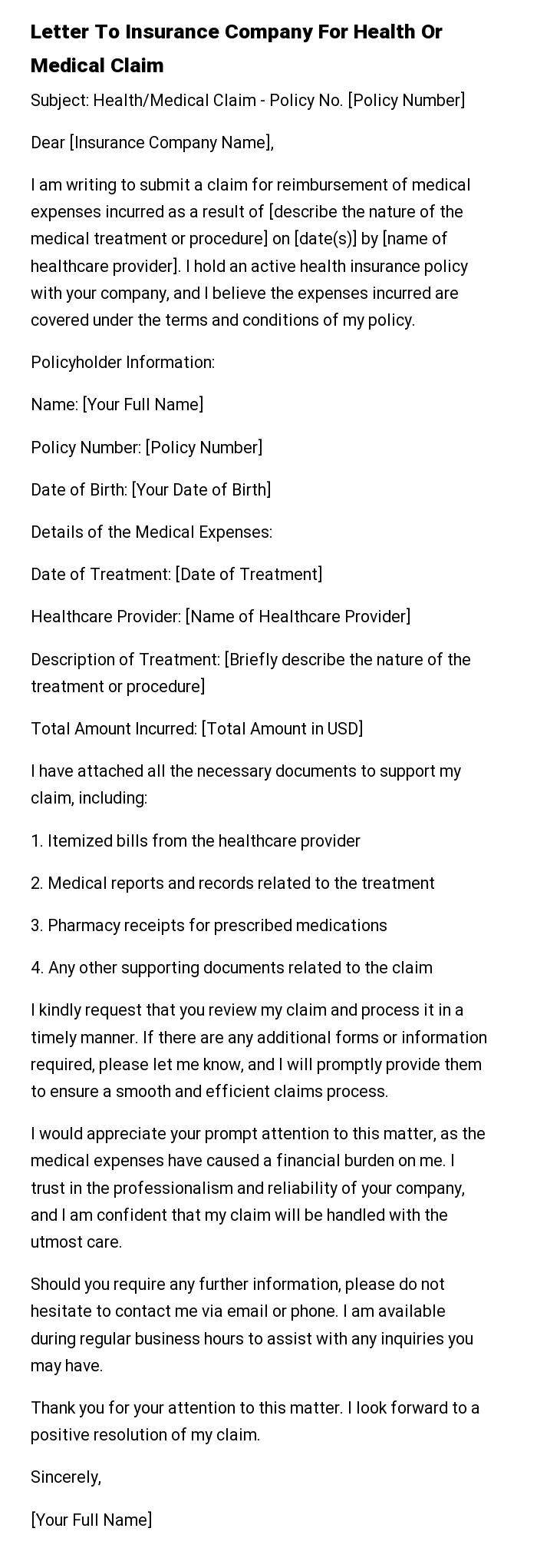 Letter To Insurance Company For Health Or Medical Claim