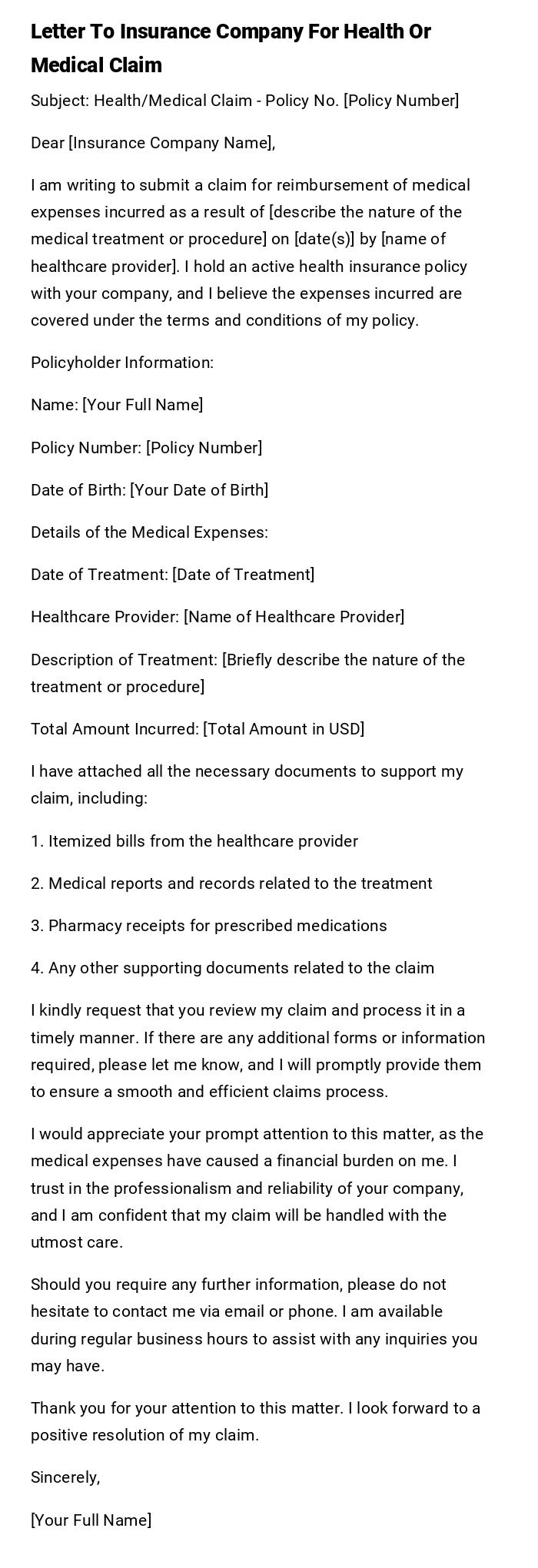 Letter To Insurance Company For Health Or Medical Claim