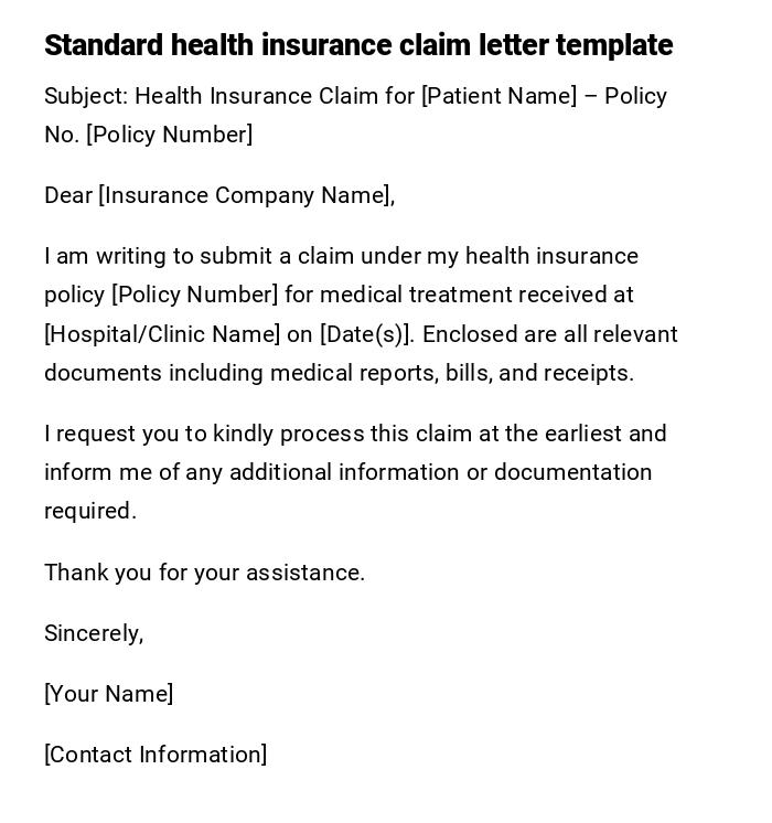 Standard health insurance claim letter template