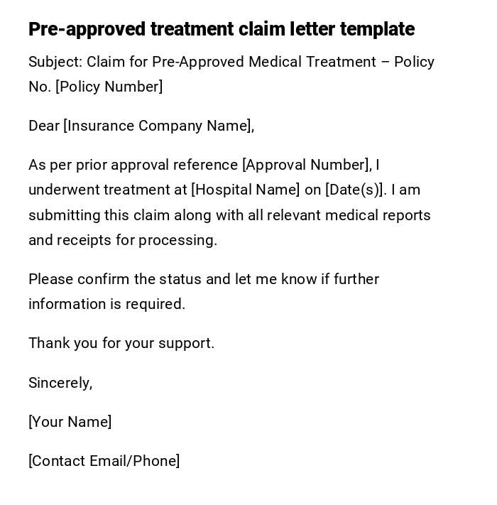 Pre-approved treatment claim letter template