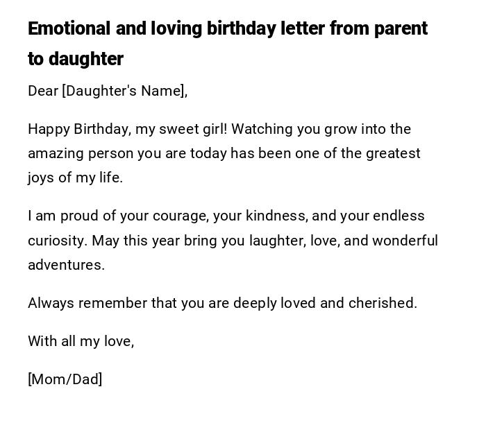 Emotional and loving birthday letter from parent to daughter