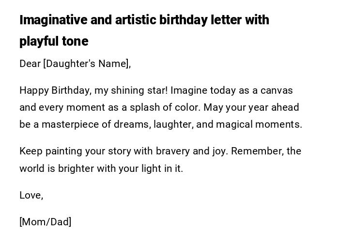 Imaginative and artistic birthday letter with playful tone