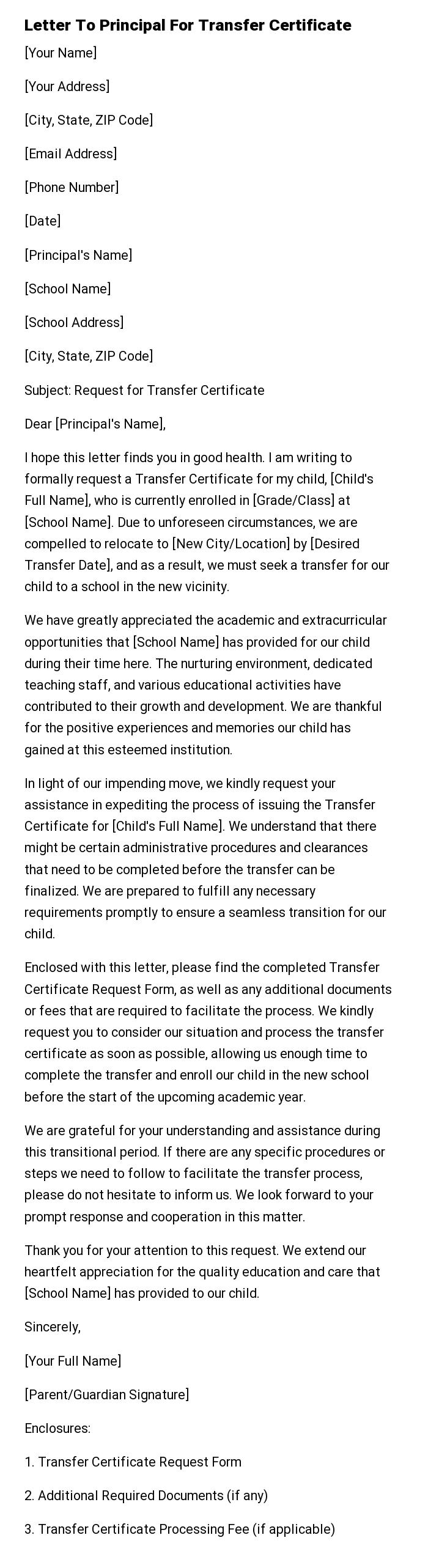 Letter To Principal For Transfer Certificate