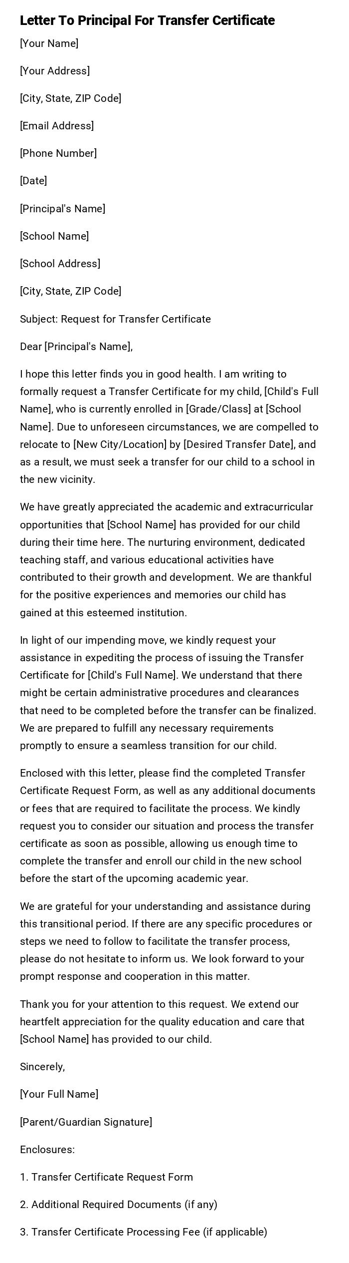 Letter To Principal For Transfer Certificate