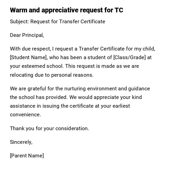 Warm and appreciative request for TC Warm and appreciative request for TC