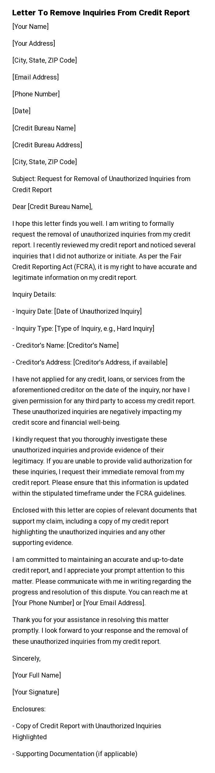 Letter To Remove Inquiries From Credit Report