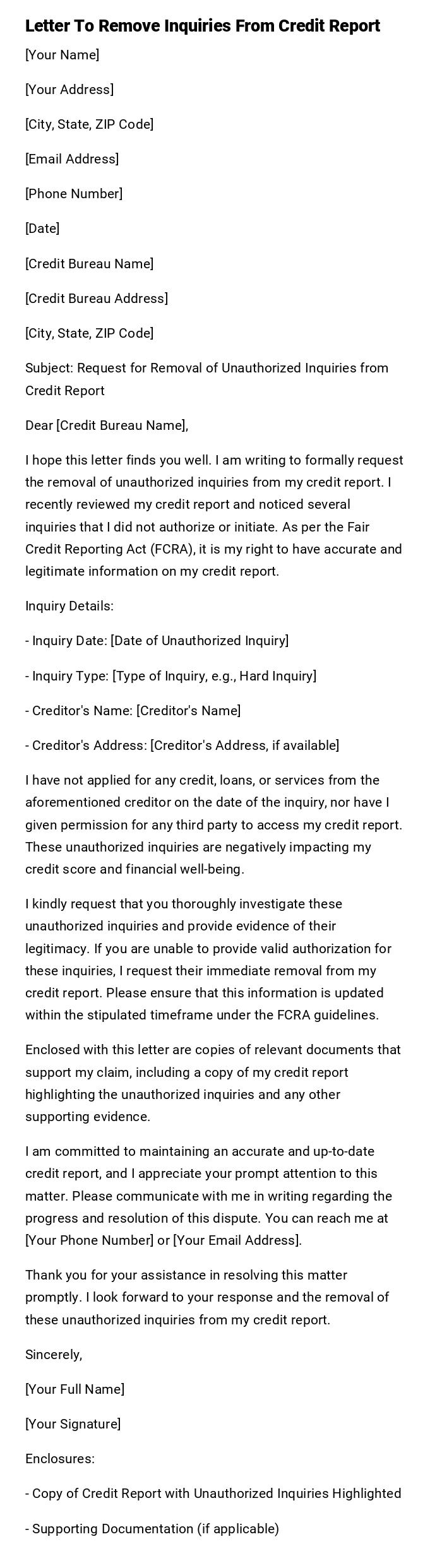 Letter To Remove Inquiries From Credit Report