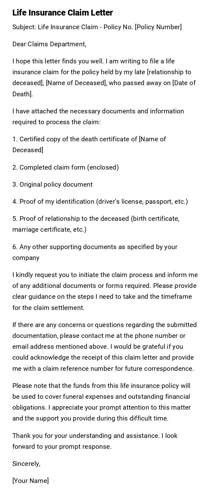 Life Insurance Claim Letter