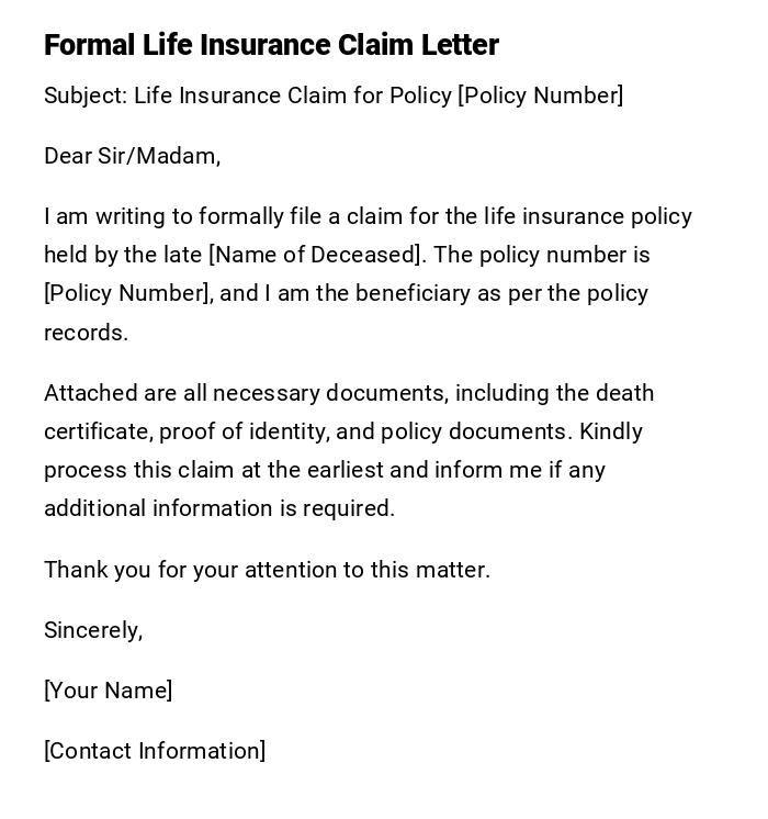 Formal Life Insurance Claim Letter