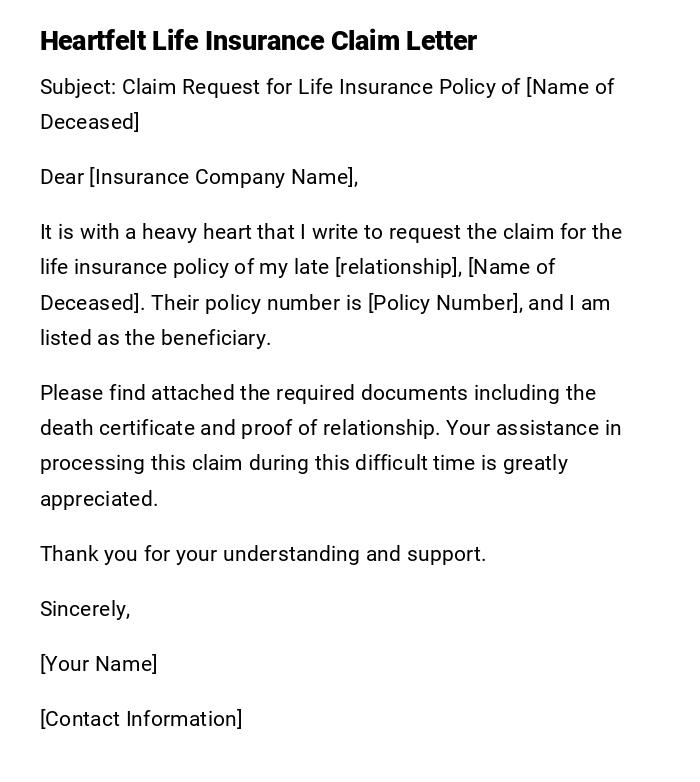 Heartfelt Life Insurance Claim Letter