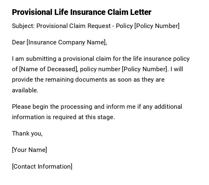 Provisional Life Insurance Claim Letter