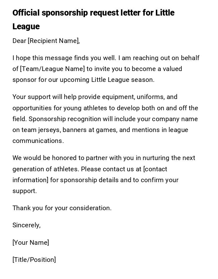Official sponsorship request letter for Little League Official sponsorship request letter for Little League