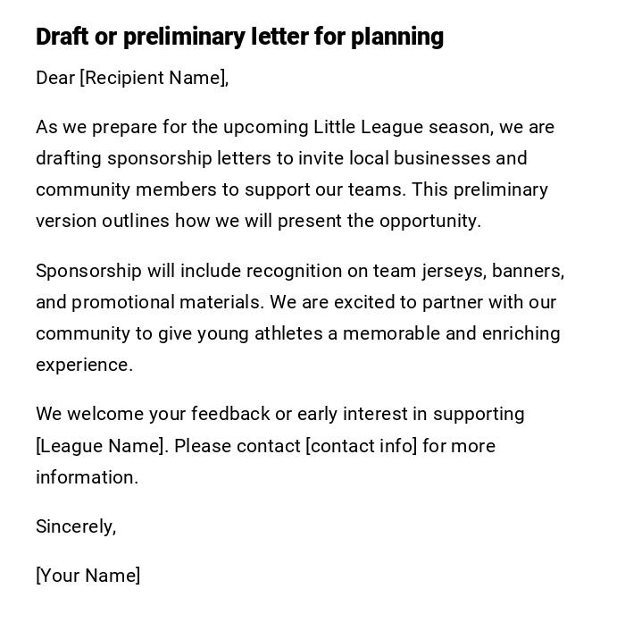 Draft or preliminary letter for planning Draft or preliminary letter for planning
