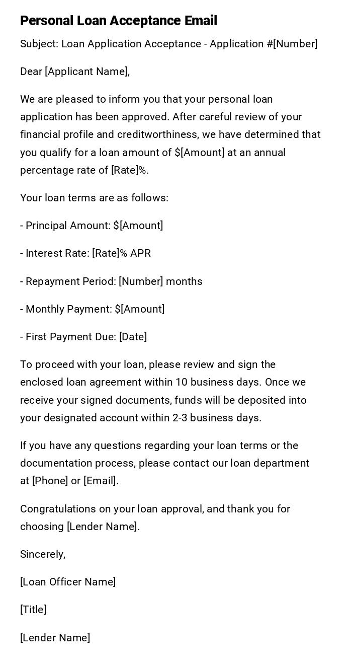 Personal Loan Acceptance Email Personal Loan Acceptance Email