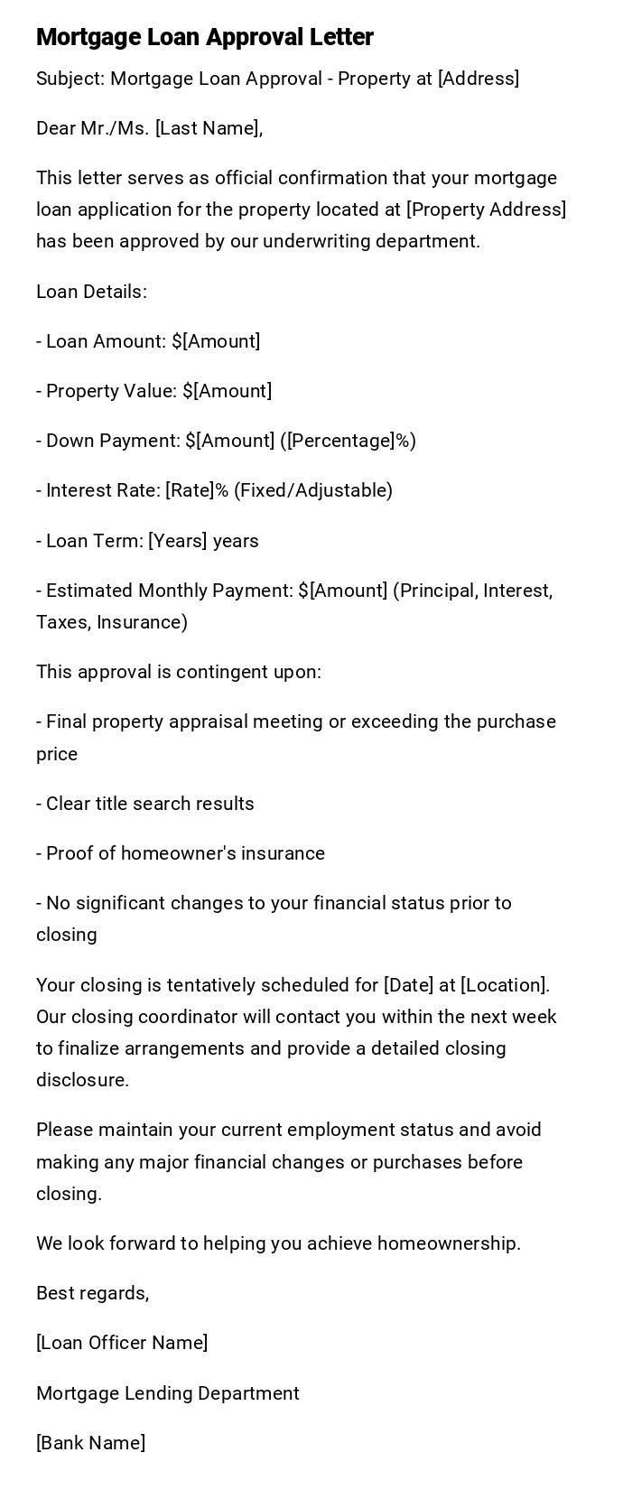Mortgage Loan Approval Letter Mortgage Loan Approval Letter