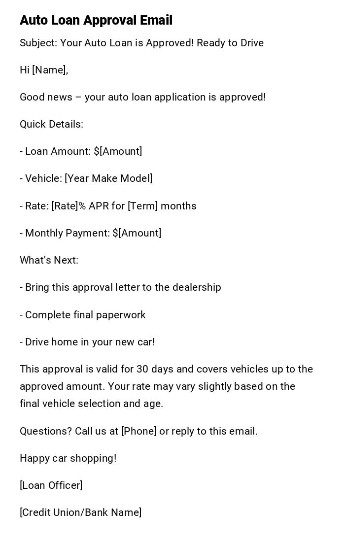 Auto Loan Approval Email Auto Loan Approval Email