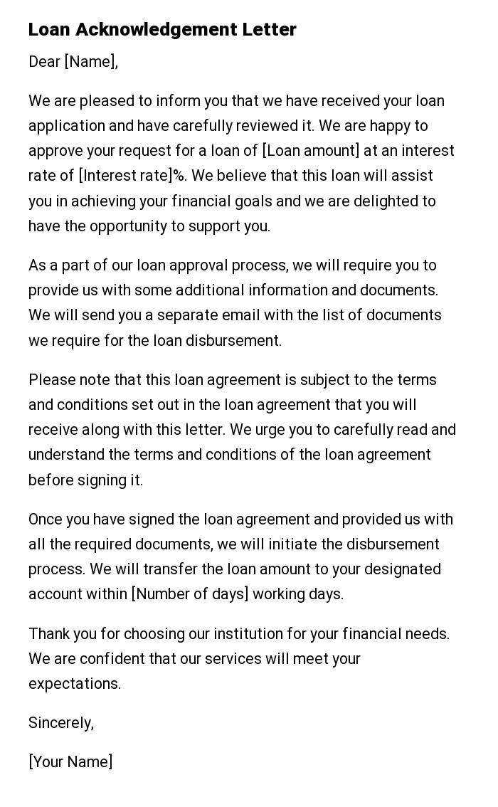 Loan Acknowledgement Letter