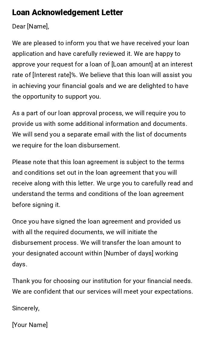 Loan Acknowledgement Letter