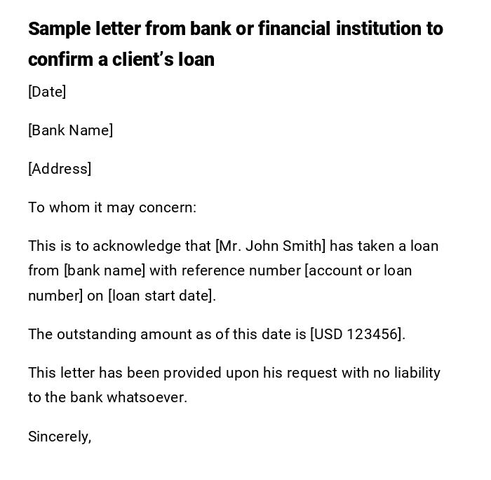 Sample letter from bank or financial institution to confirm a client’s loan