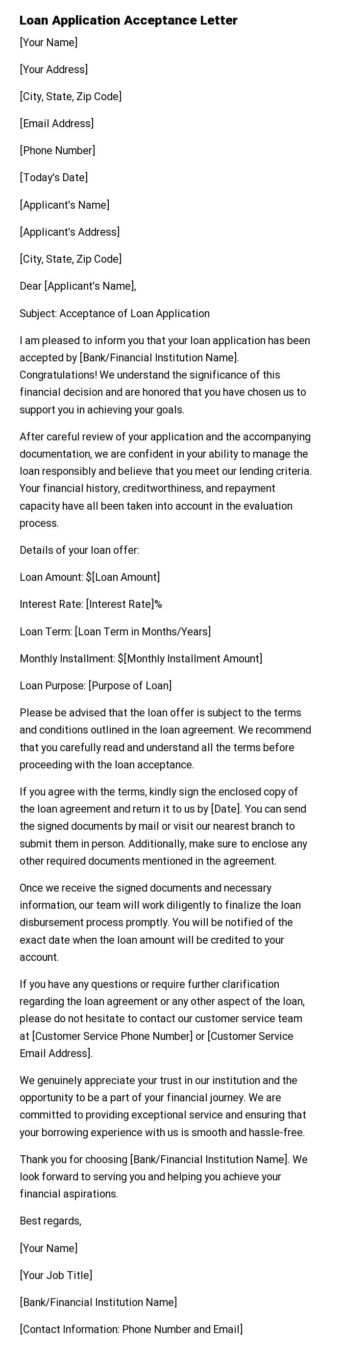Loan Application Acceptance Letter