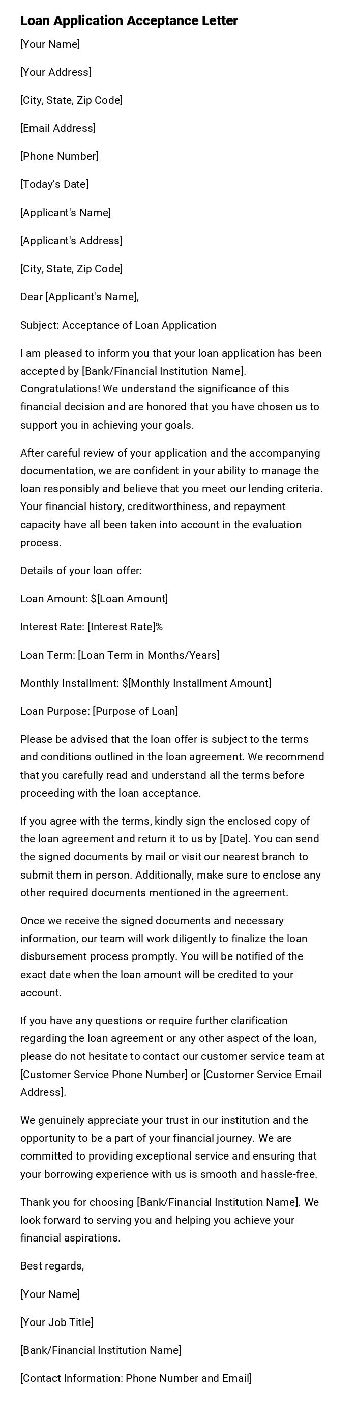 Loan Application Acceptance Letter