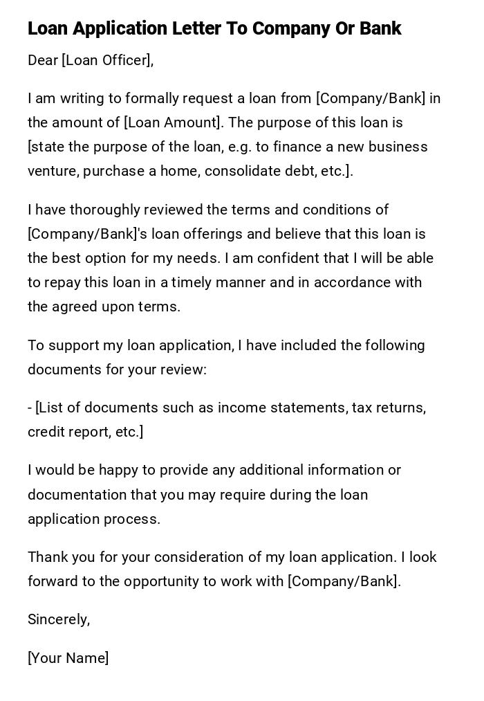 Loan Application Letter To Company Or Bank