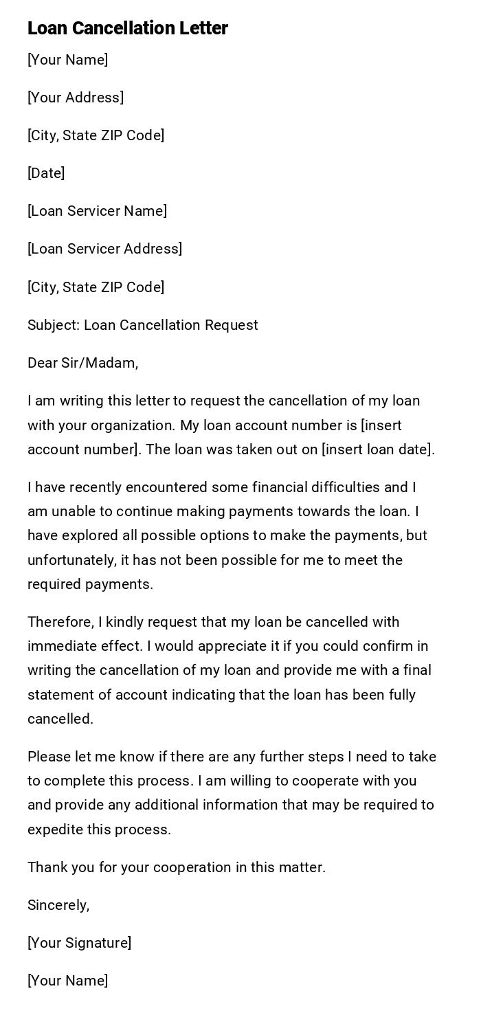 Loan Cancellation Letter