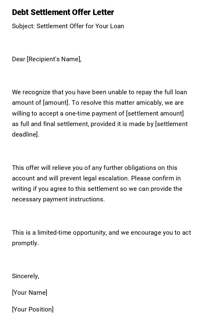 Debt Settlement Offer Letter