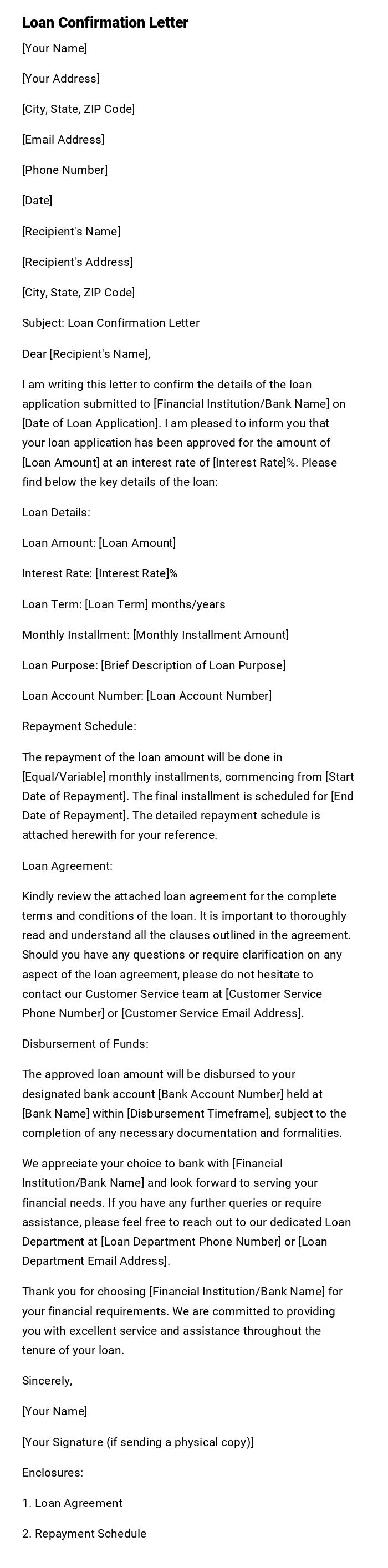 Loan Confirmation Letter