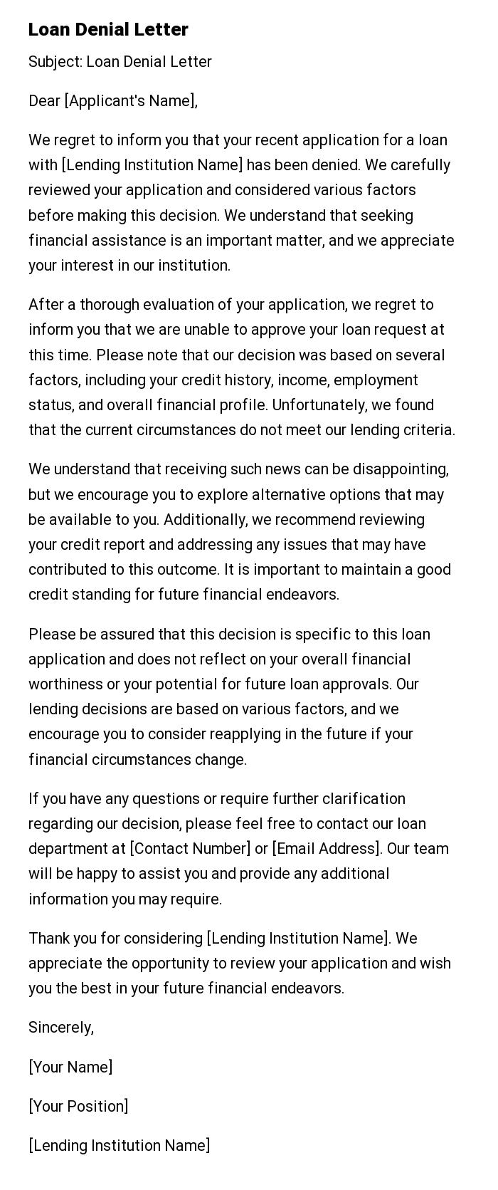 Loan Denial Letter