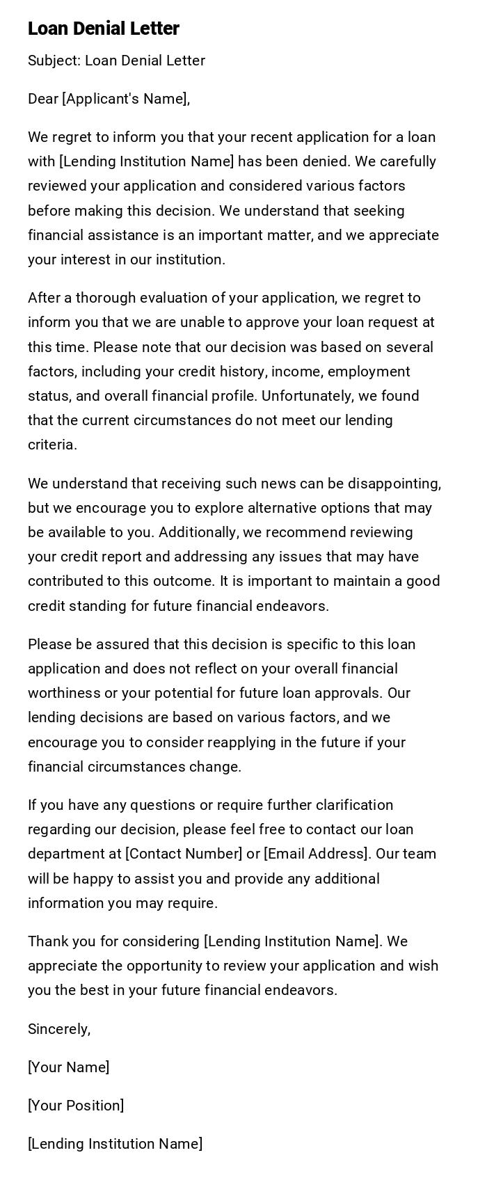 Loan Denial Letter