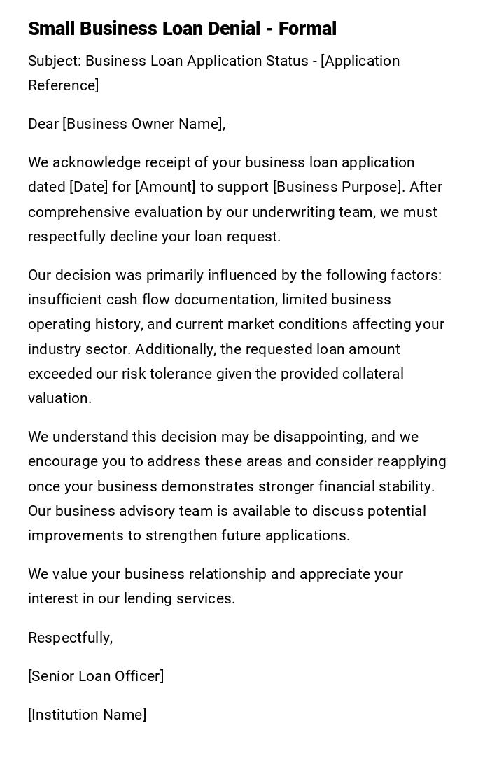 Small Business Loan Denial - Formal Small Business Loan Denial - Formal