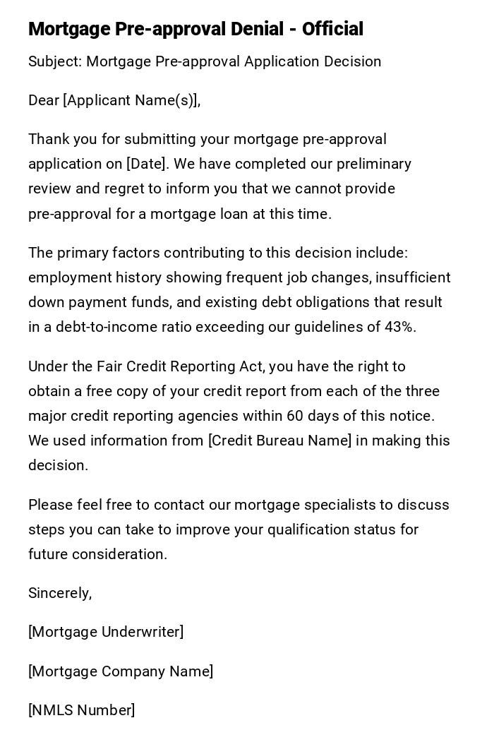 Mortgage Pre-approval Denial - Official Mortgage Pre-approval Denial - Official