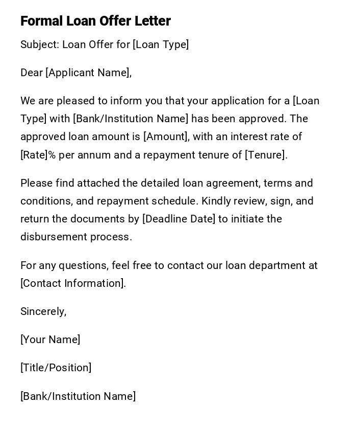 Formal Loan Offer Letter Formal Loan Offer Letter