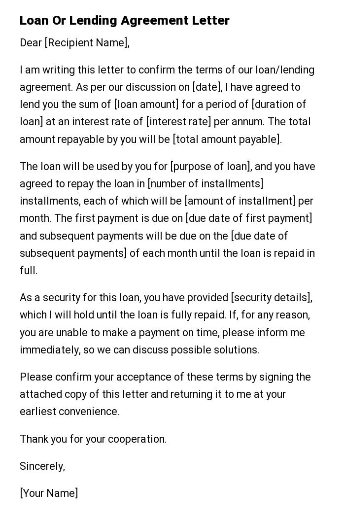 Loan Or Lending Agreement Letter