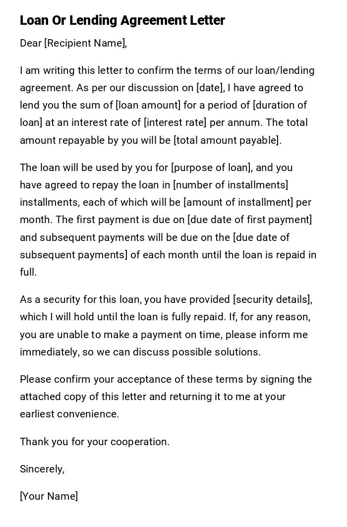 Loan Or Lending Agreement Letter