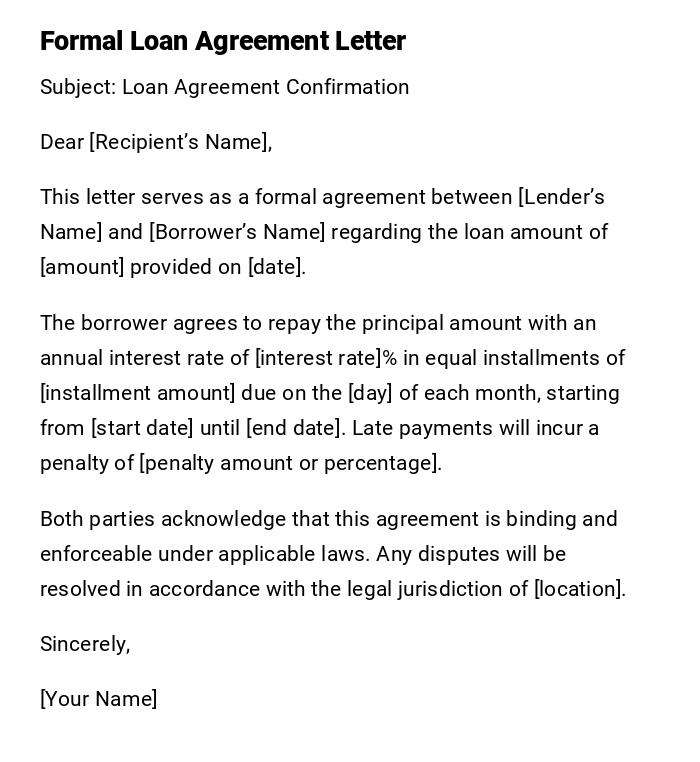 Formal Loan Agreement Letter Formal Loan Agreement Letter