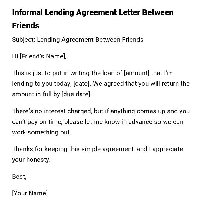 Informal Lending Agreement Letter Between Friends Informal Lending Agreement Letter Between Friends