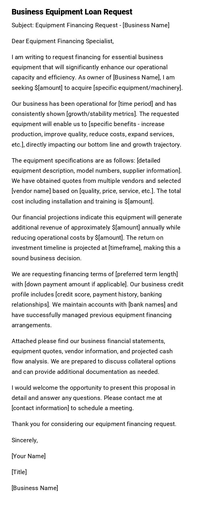 Business Equipment Loan Request Business Equipment Loan Request