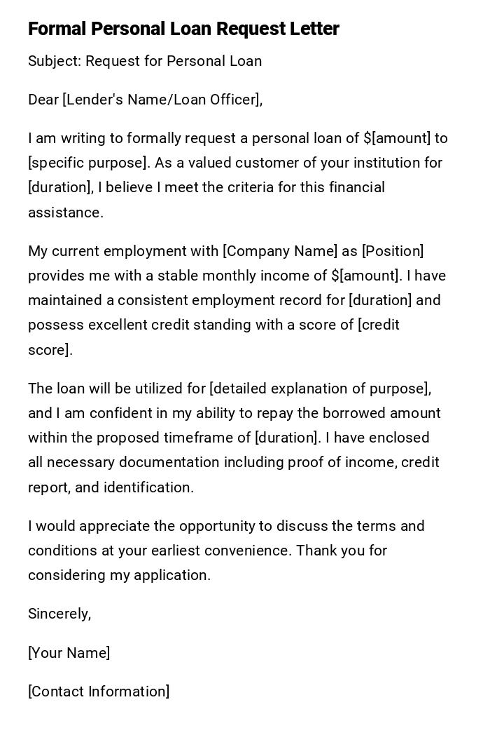 Formal Personal Loan Request Letter Formal Personal Loan Request Letter