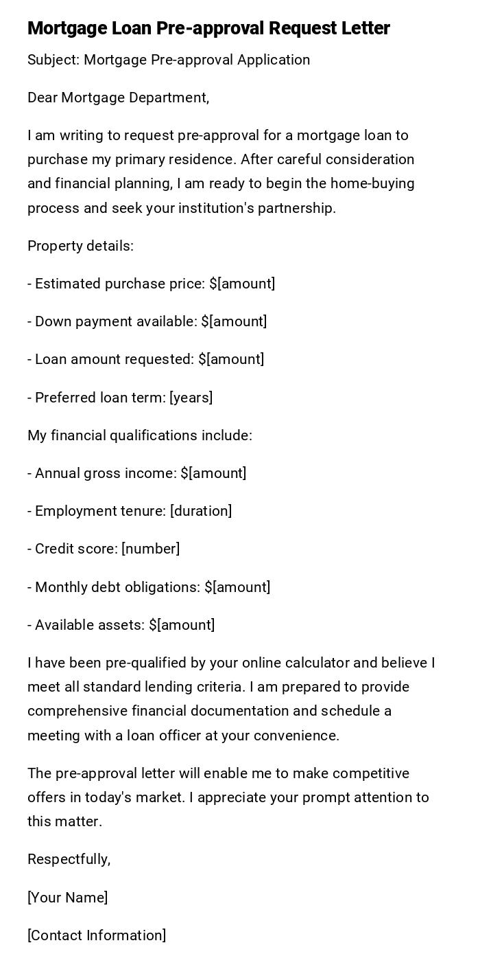Mortgage Loan Pre-approval Request Letter Mortgage Loan Pre-approval Request Letter