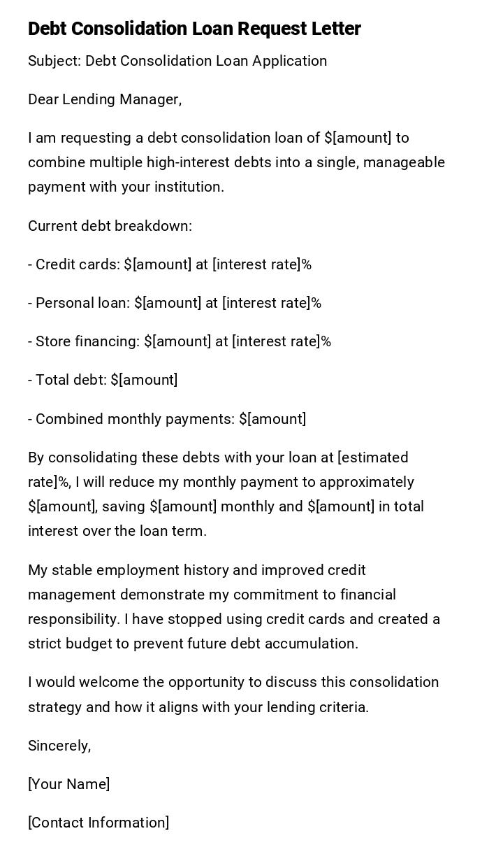 Debt Consolidation Loan Request Letter Debt Consolidation Loan Request Letter