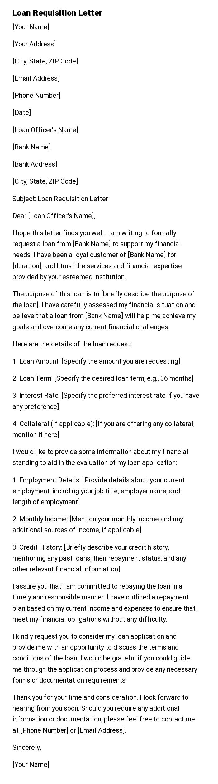 Loan Requisition Letter