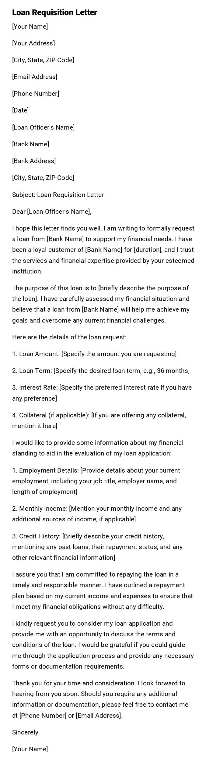 Loan Requisition Letter