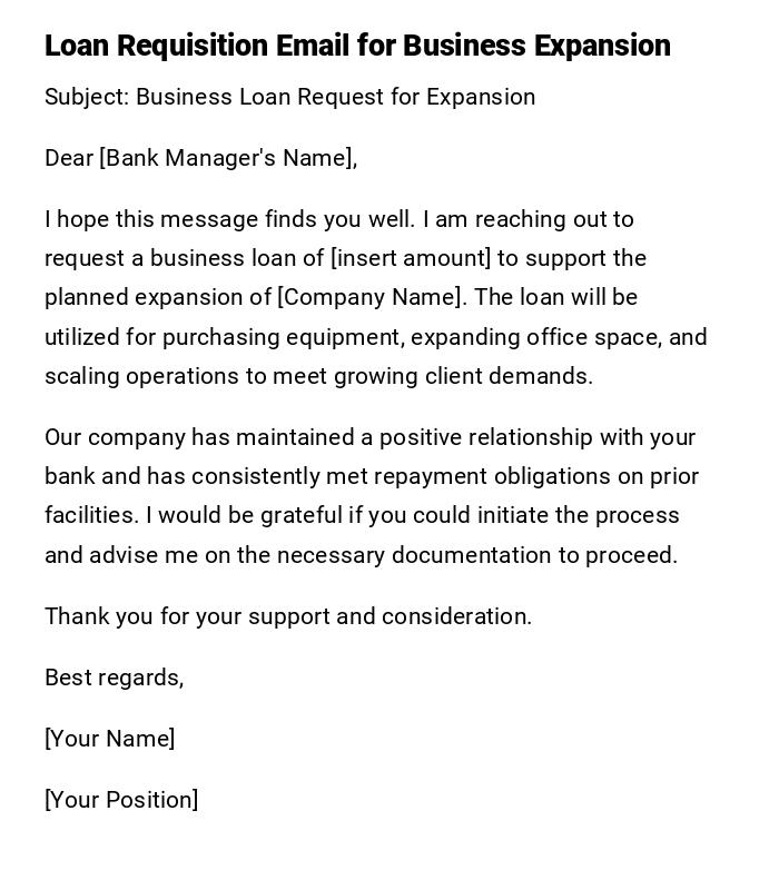Loan Requisition Email for Business Expansion Loan Requisition Email for Business Expansion